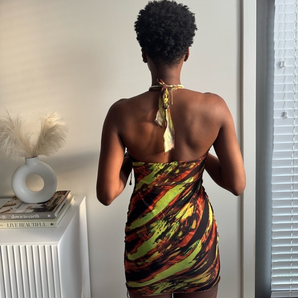 PrettyLittleThing Brown Orange Neon Green Mini Mesh Swim Cover Up Halter Dress - Picture 5 of 6